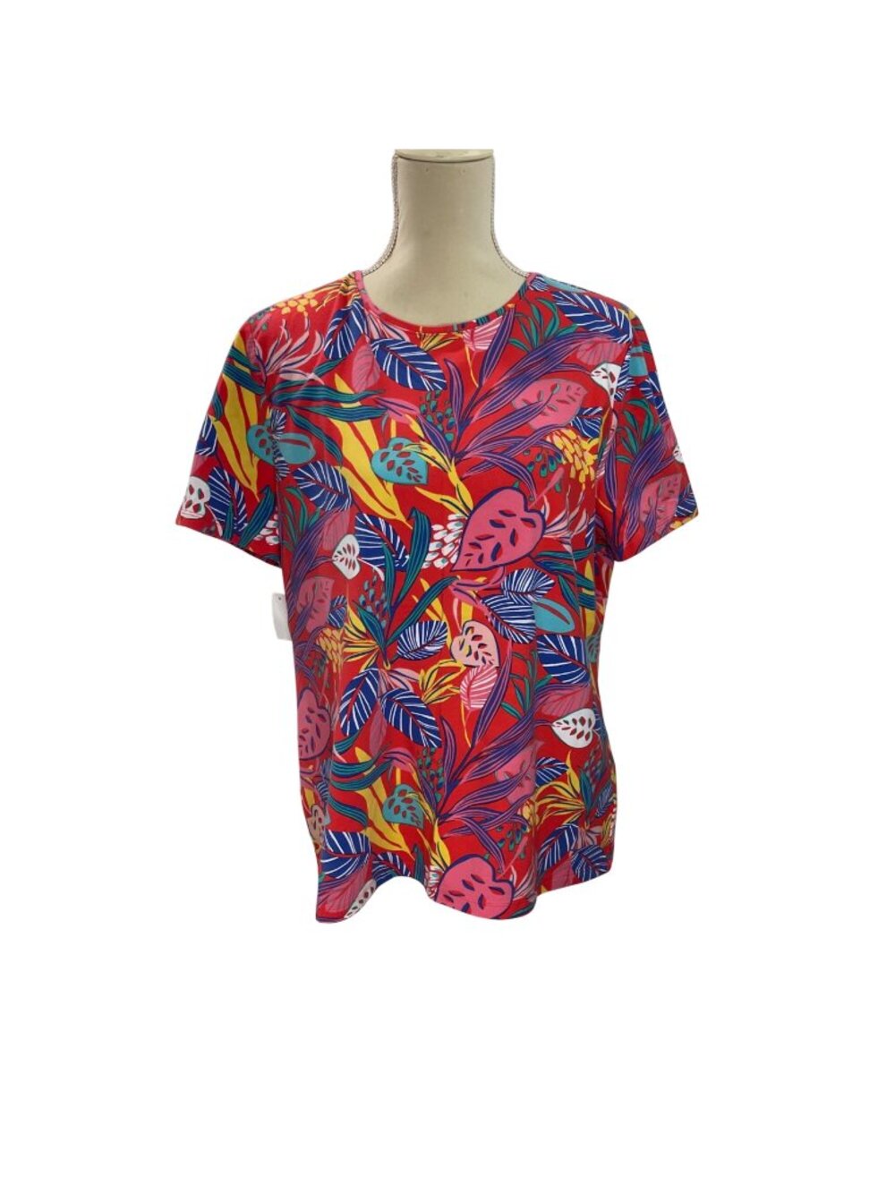 Talbots Crewneck Knit Tee Women's Size XL Colorful Jungle Leaves Short Sleeves